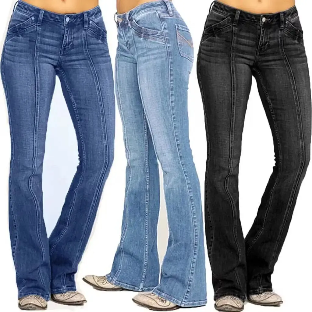 High Street Style Low Waist Flared Casual Jeans Pants for Women