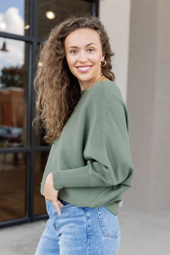 Kira Ribbed Dolman Sweater, Olive