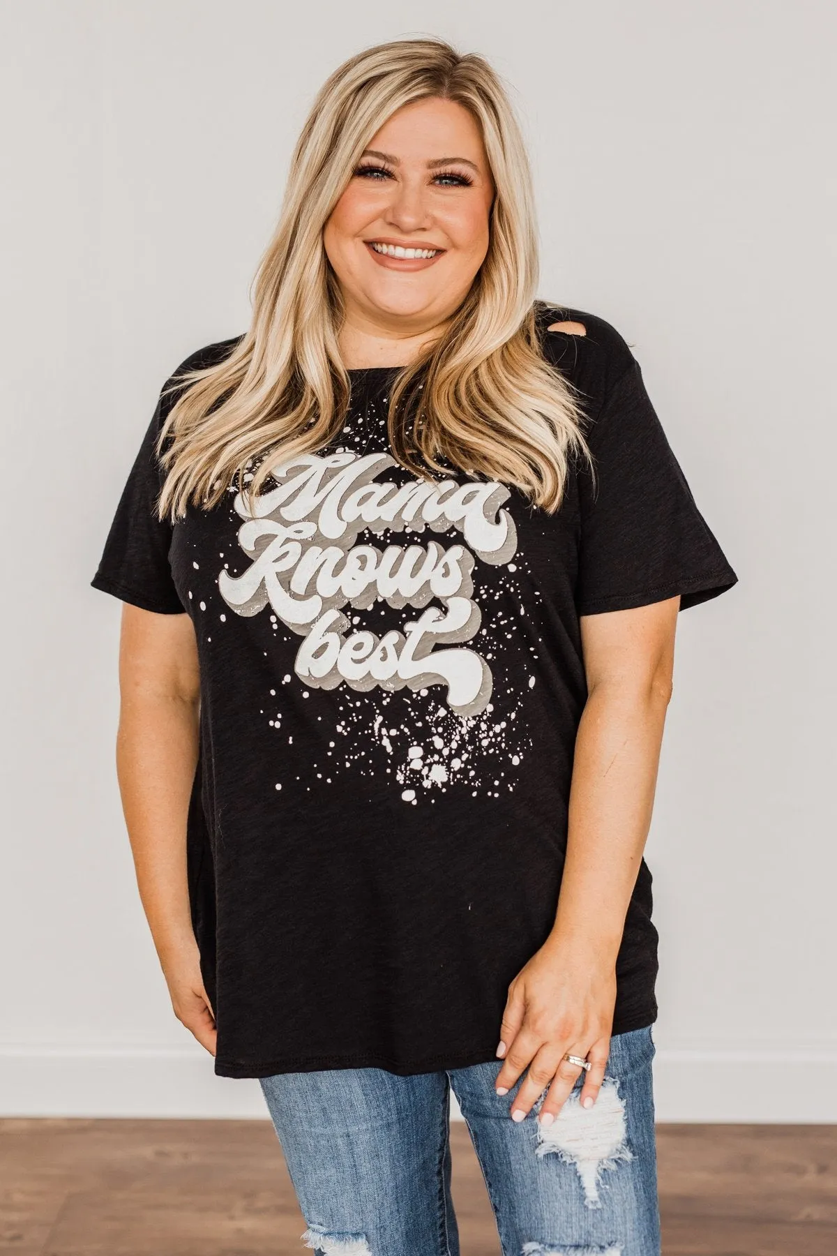 Mama Knows Best Distressed Graphic Tee- Black