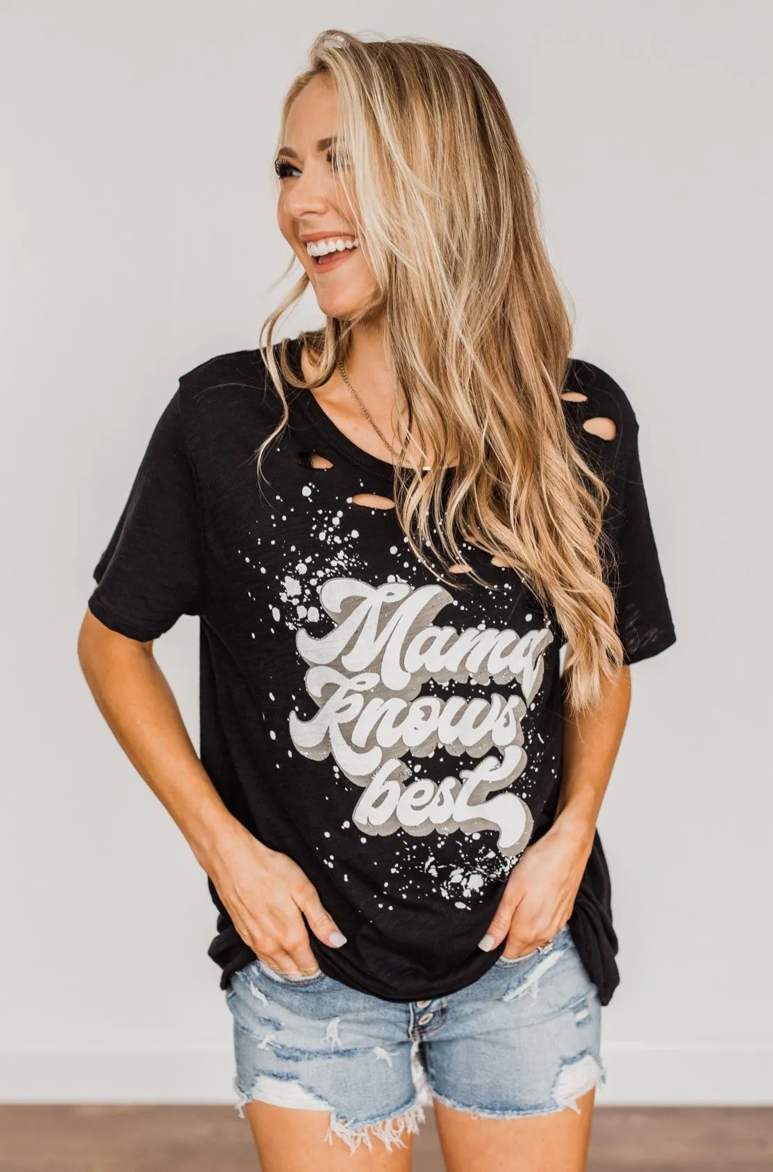 Mama Knows Best Distressed Graphic Tee- Black