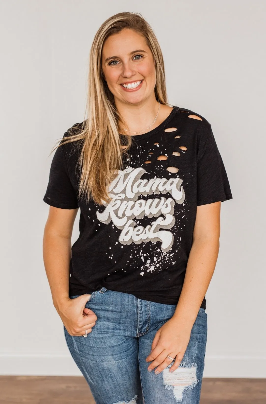 Mama Knows Best Distressed Graphic Tee- Black