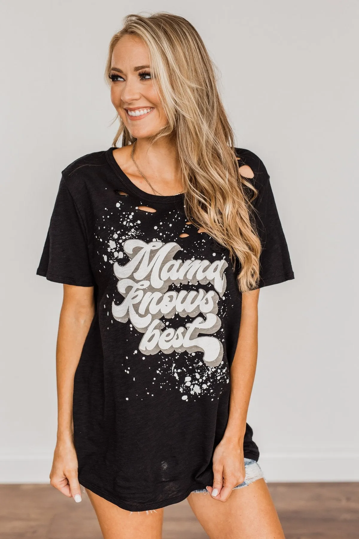 Mama Knows Best Distressed Graphic Tee- Black