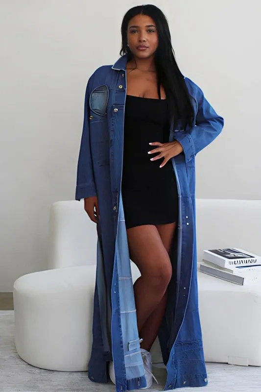 Multi Slit Open Long Denim Jacket