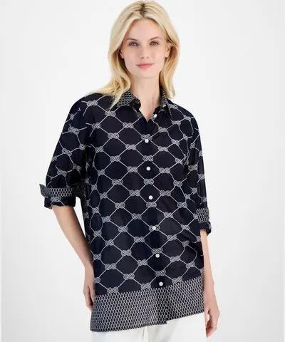 Nautica Jeans Women's Cotton Rope-Print Button-Front Shirt