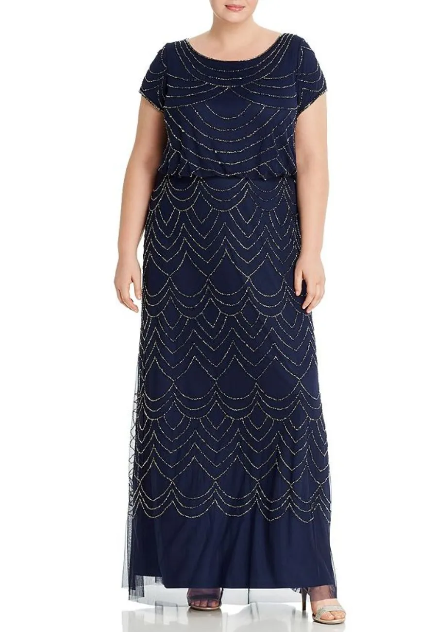 Navy Wavy Sequins Short Sleeves Gown