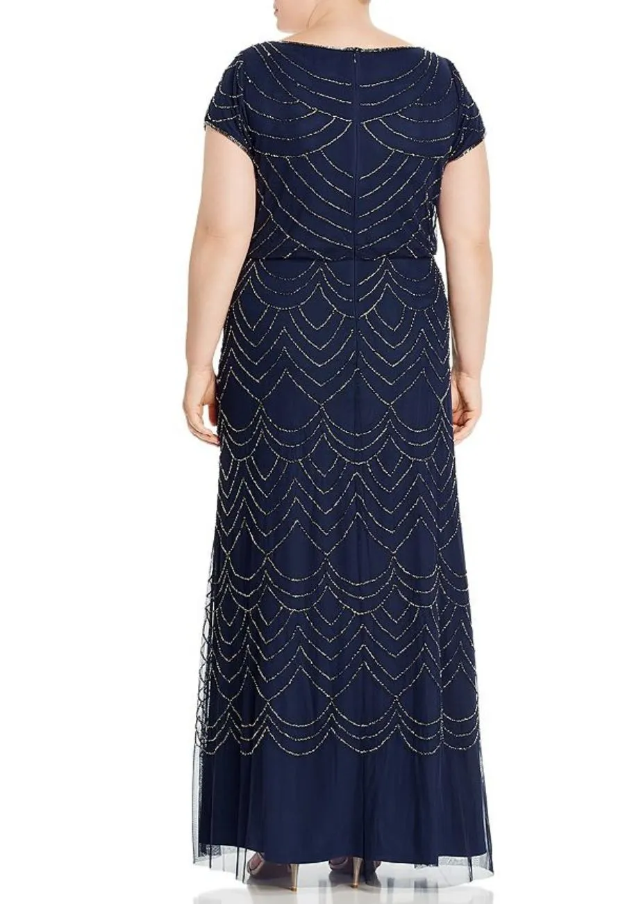 Navy Wavy Sequins Short Sleeves Gown