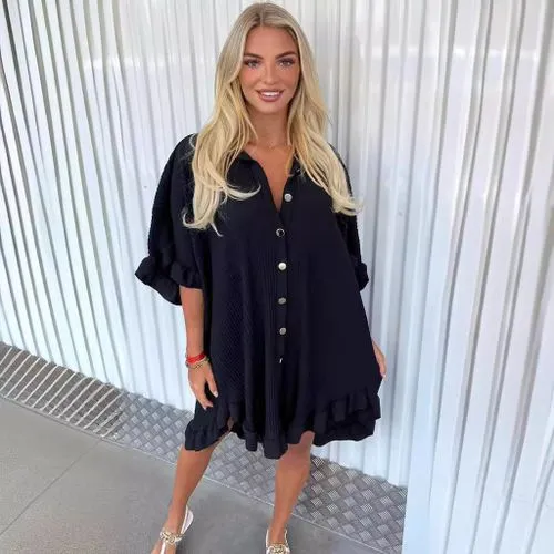 New Summer Solid Color Shirt Dress Ruffle Sleeve Irregular Shirt Dress