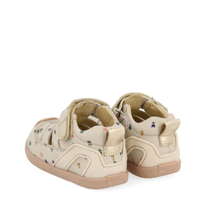 OFF-WHITE LEATHER BABY SANDALS IN CRAB STYLE WITH FLORAL PRINT JACUMBA