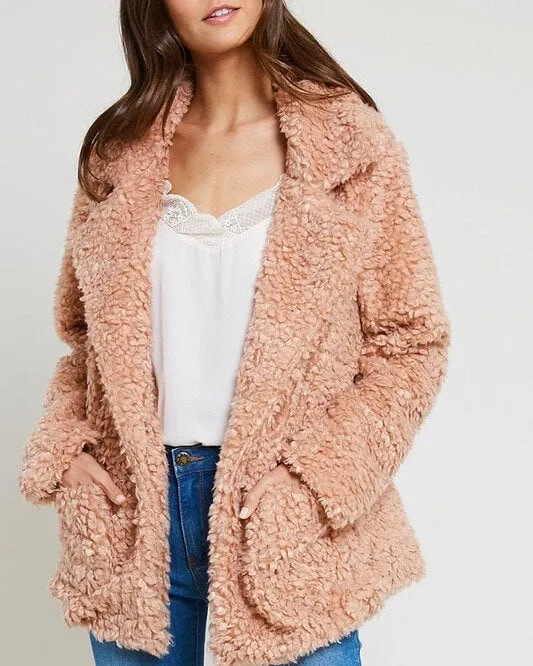 Open Front Teddy Bear Jacket With Pockets - Fall Rose