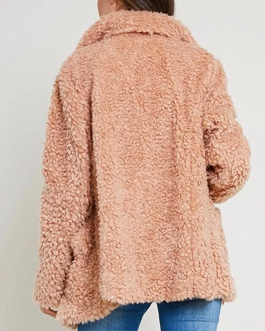 Open Front Teddy Bear Jacket With Pockets - Fall Rose