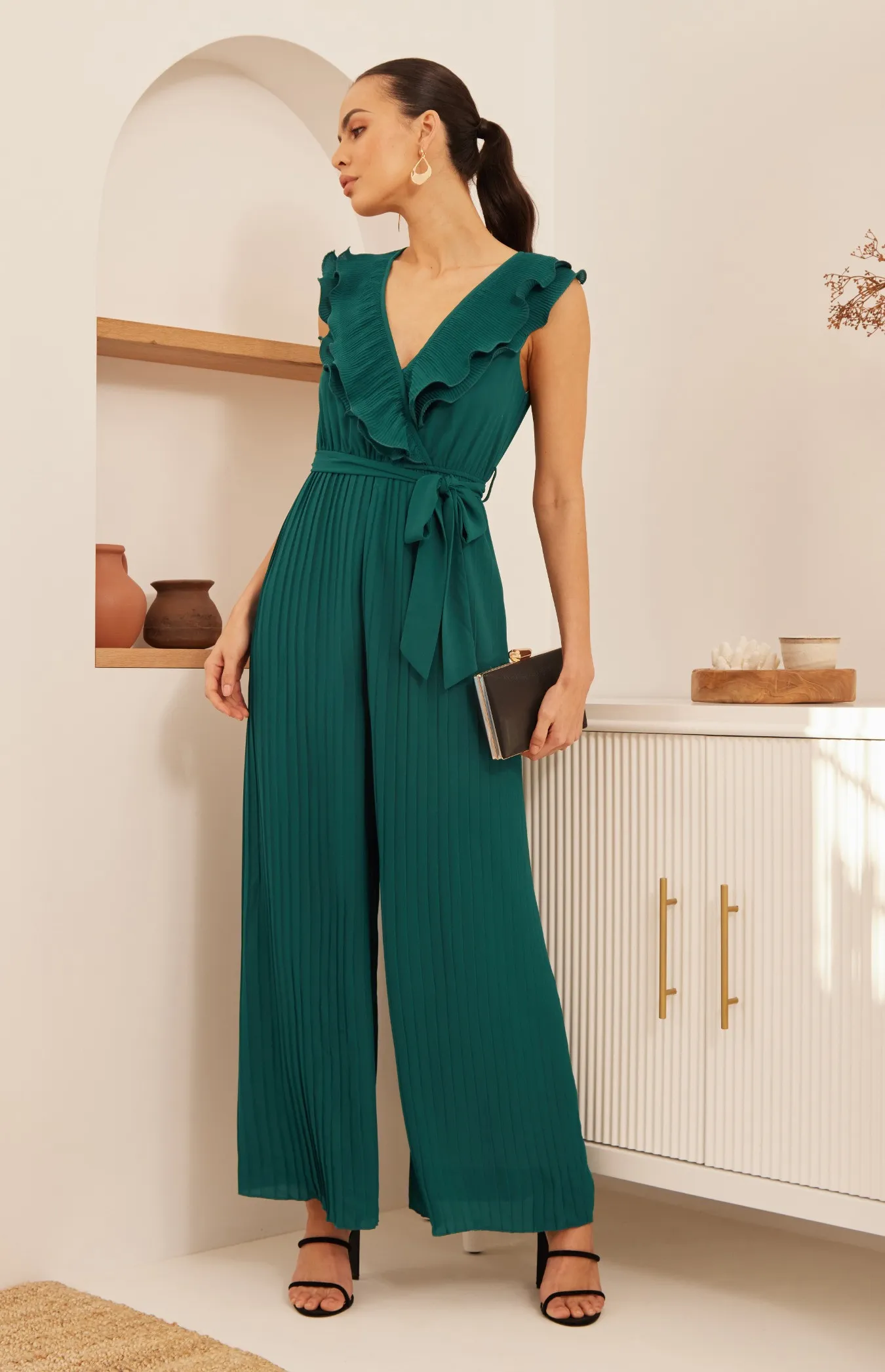 Pleated Jumpsuit with Double Frill Neckline Feature (SJP568B)