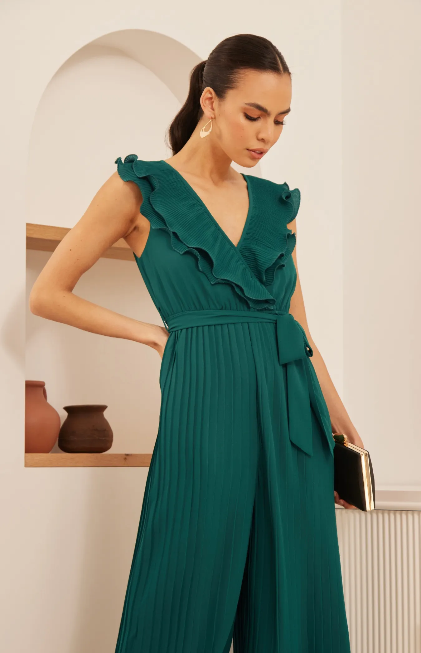 Pleated Jumpsuit with Double Frill Neckline Feature (SJP568B)