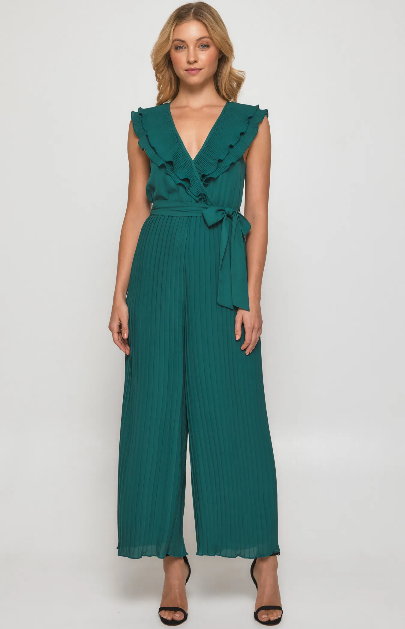 Pleated Jumpsuit with Double Frill Neckline Feature (SJP568B)