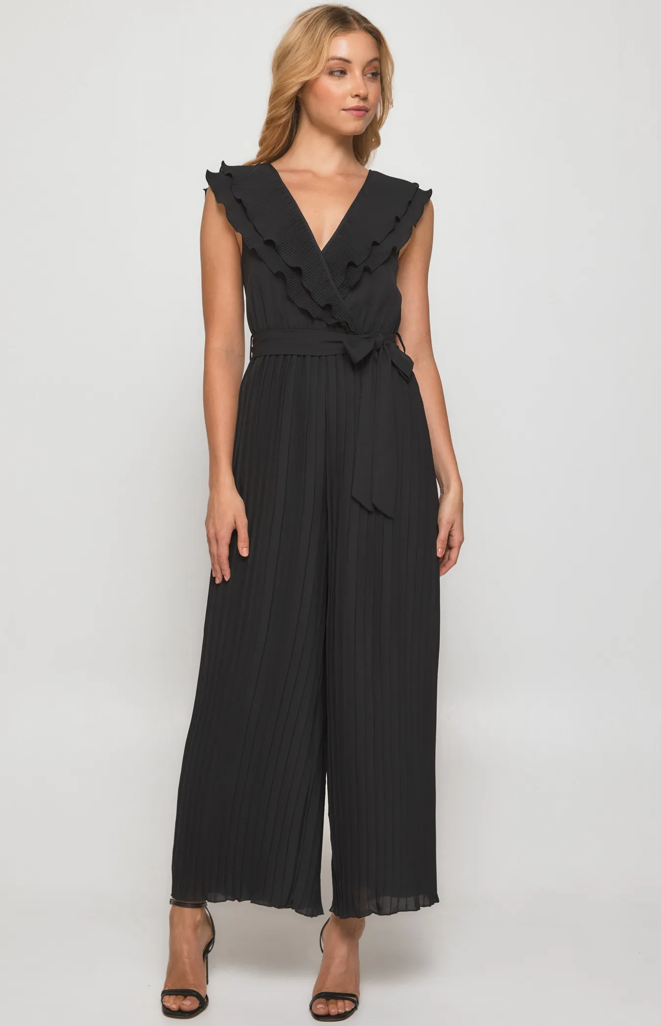 Pleated Jumpsuit with Double Frill Neckline Feature (SJP568B)