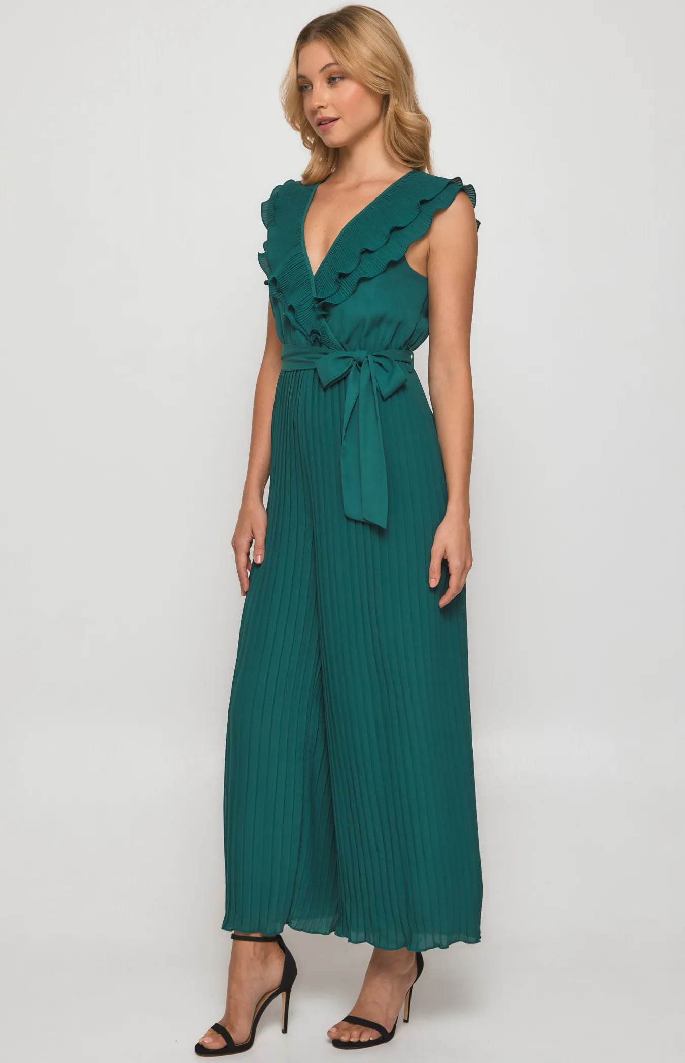 Pleated Jumpsuit with Double Frill Neckline Feature (SJP568B)