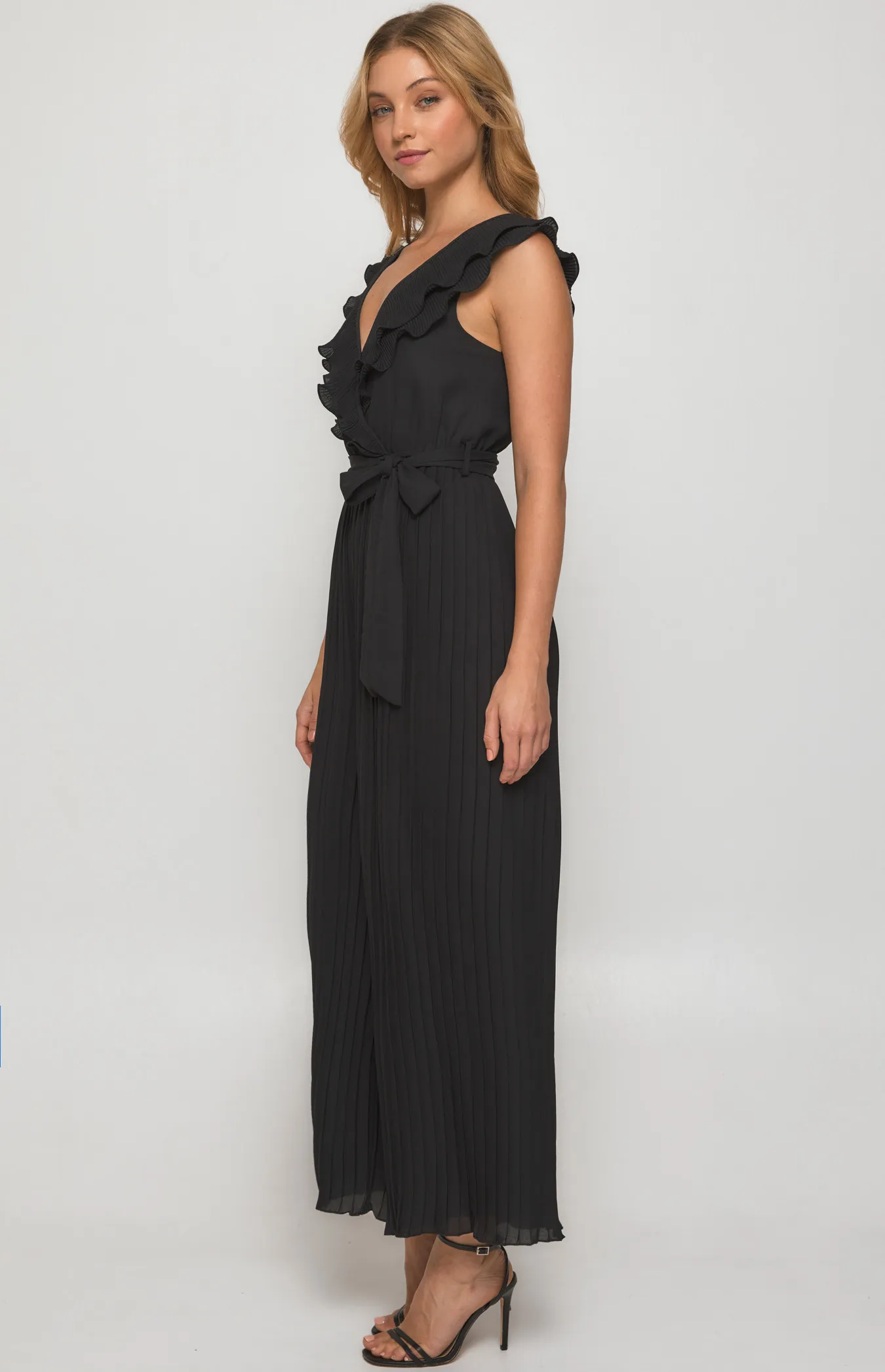 Pleated Jumpsuit with Double Frill Neckline Feature (SJP568B)