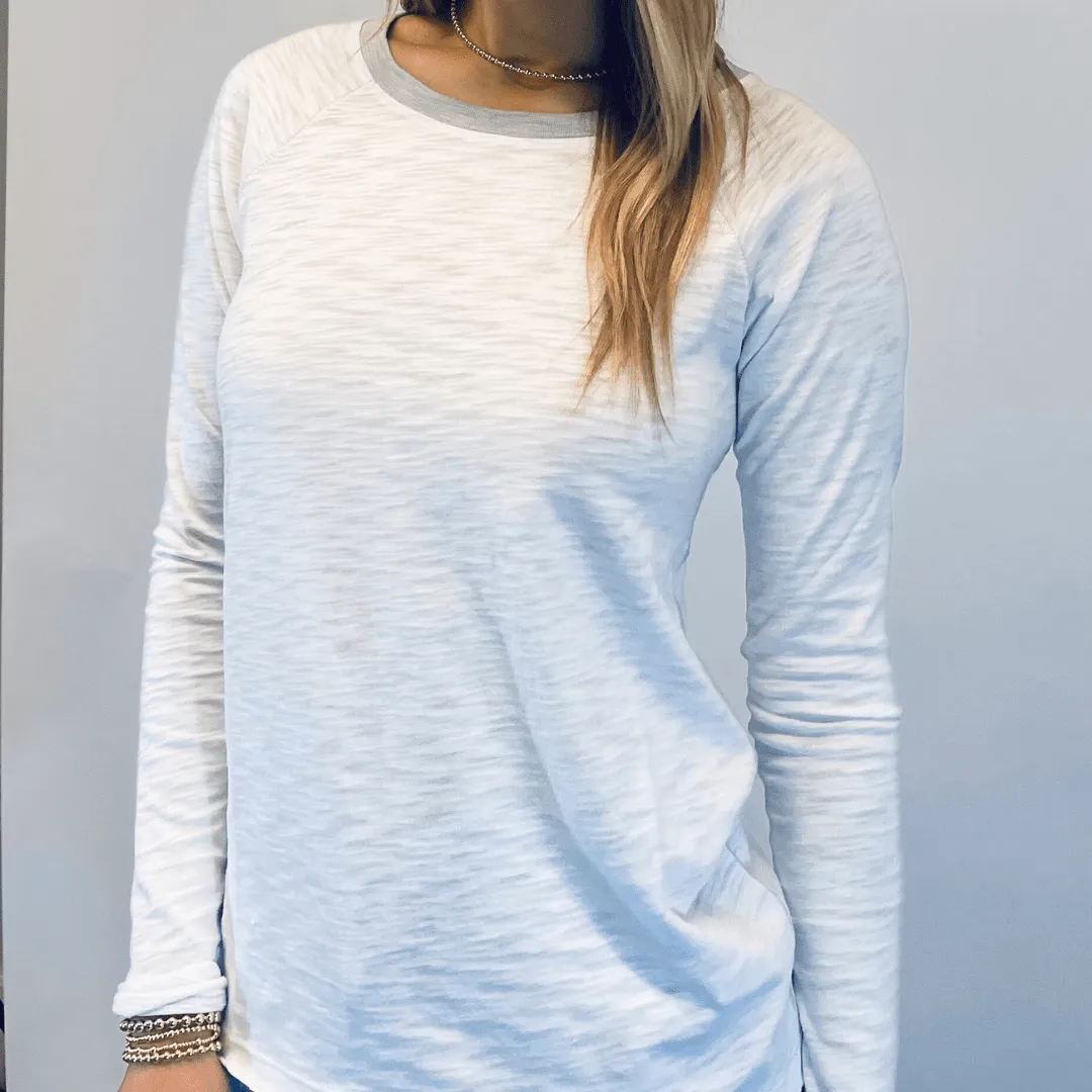 Raglan Long Sleeve Crew in White & Light Gray Cotton Slub