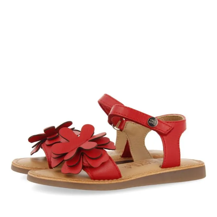 RED LEATHER SANDALS WITH FLOWER EMBELLISHMENT FOR GIRL AND BOY TAKILMA