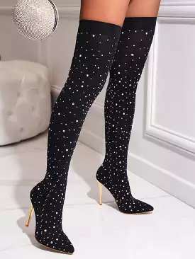 Rhinestone Decor Point Toe Stiletto Heeled Sock Boots