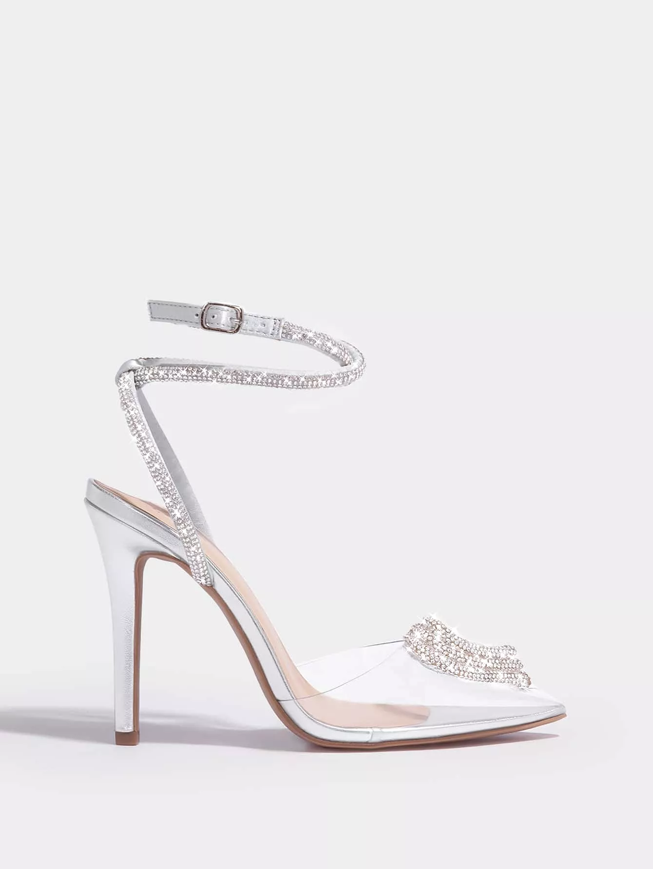 Rhinestone Point Toe Stiletto Heeled Ankle Strap Pumps