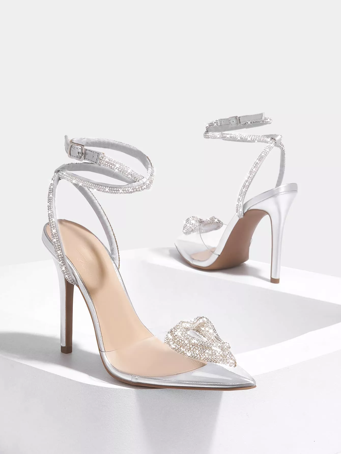 Rhinestone Point Toe Stiletto Heeled Ankle Strap Pumps