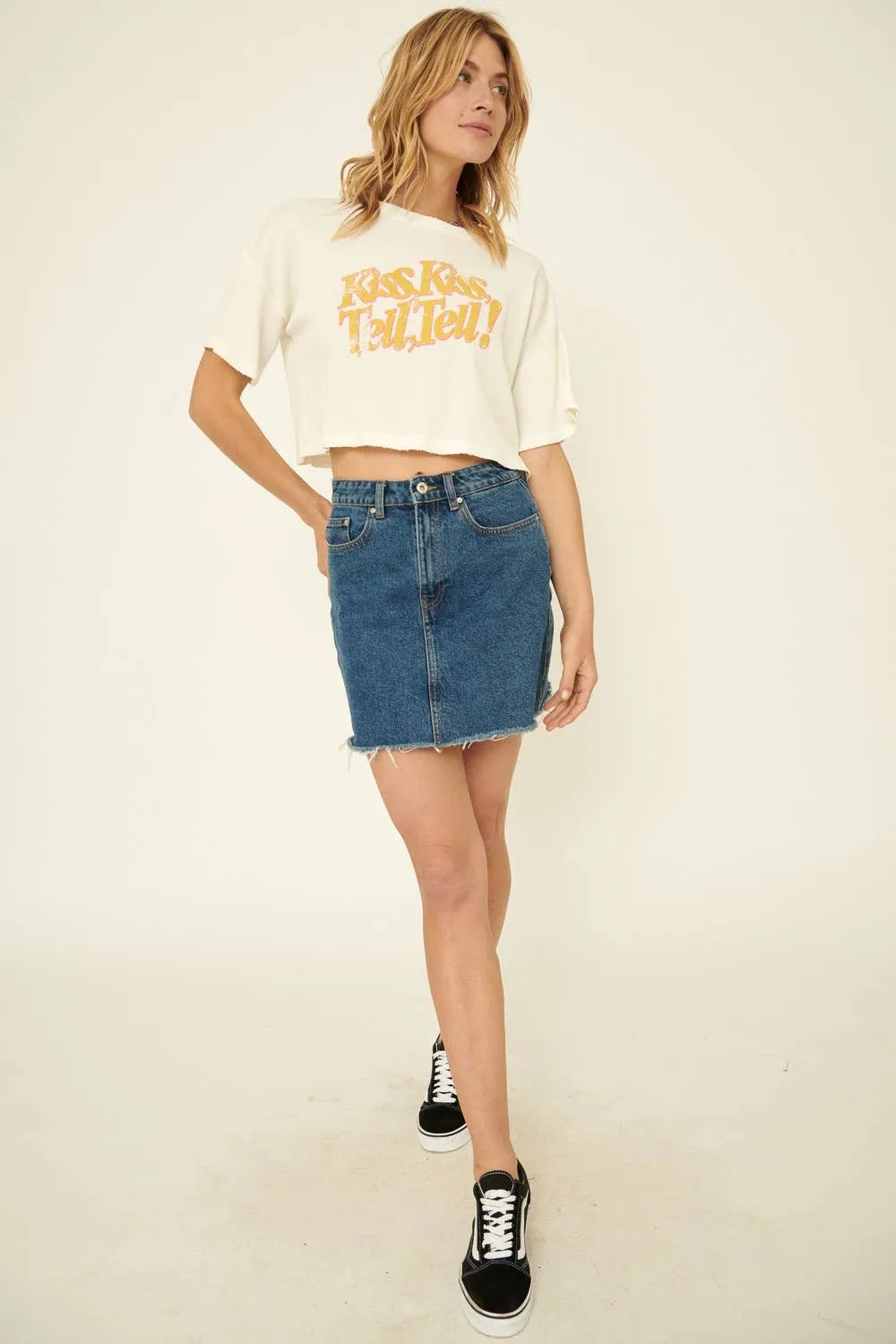 Sale Kiss and Tell Distressed Cropped Graphic Tee