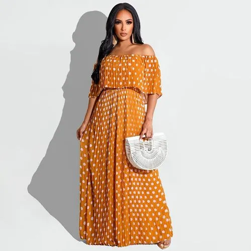 Swing Dress Streetwear Boat Neck Printing Short Sleeve Round Dots Maxi Long Dress Party