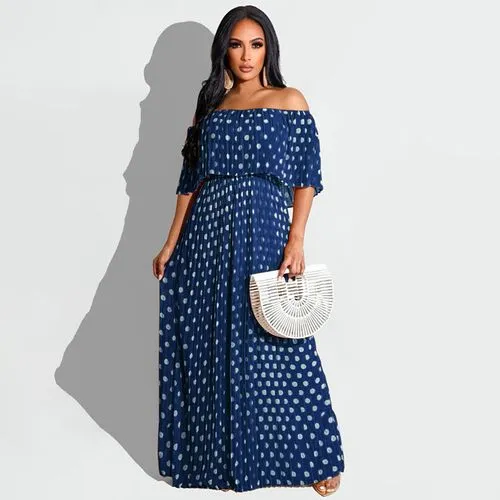 Swing Dress Streetwear Boat Neck Printing Short Sleeve Round Dots Maxi Long Dress Party