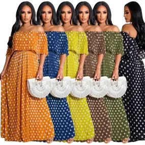 Swing Dress Streetwear Boat Neck Printing Short Sleeve Round Dots Maxi Long Dress Party