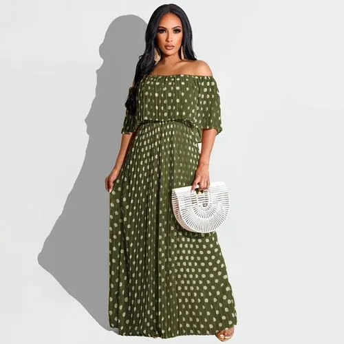 Swing Dress Streetwear Boat Neck Printing Short Sleeve Round Dots Maxi Long Dress Party