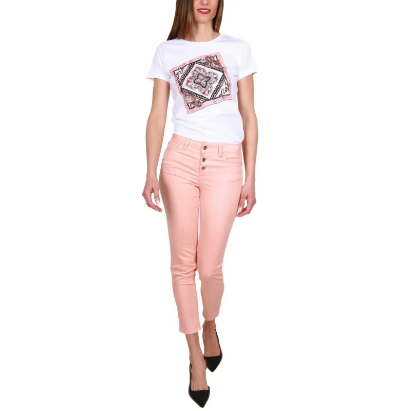 T-SHIRT GIROCOLLO CON STAMPA E STRASS, BIANCO