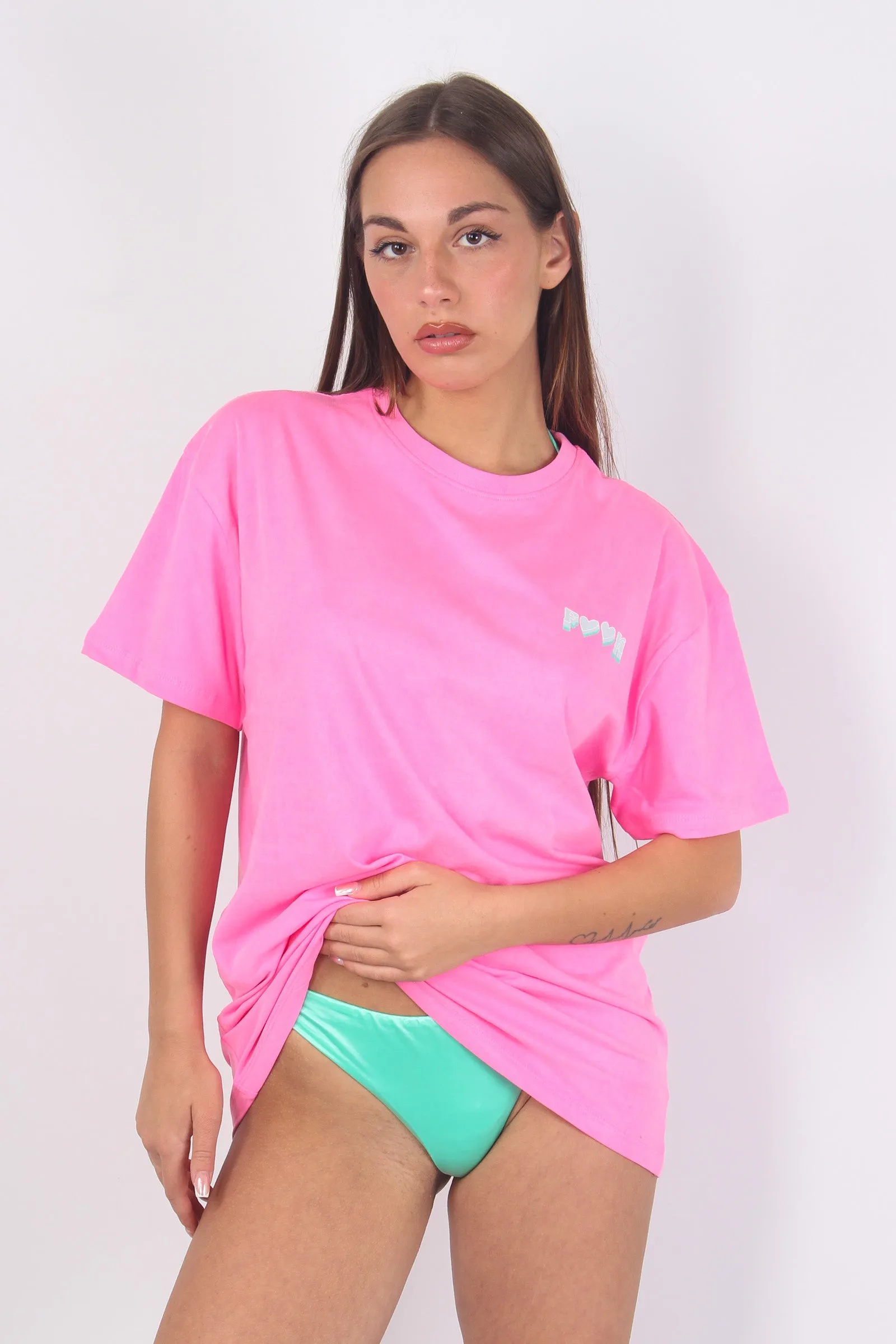 T-shirt Stampa Retro Line Lov Fluo Fucsia