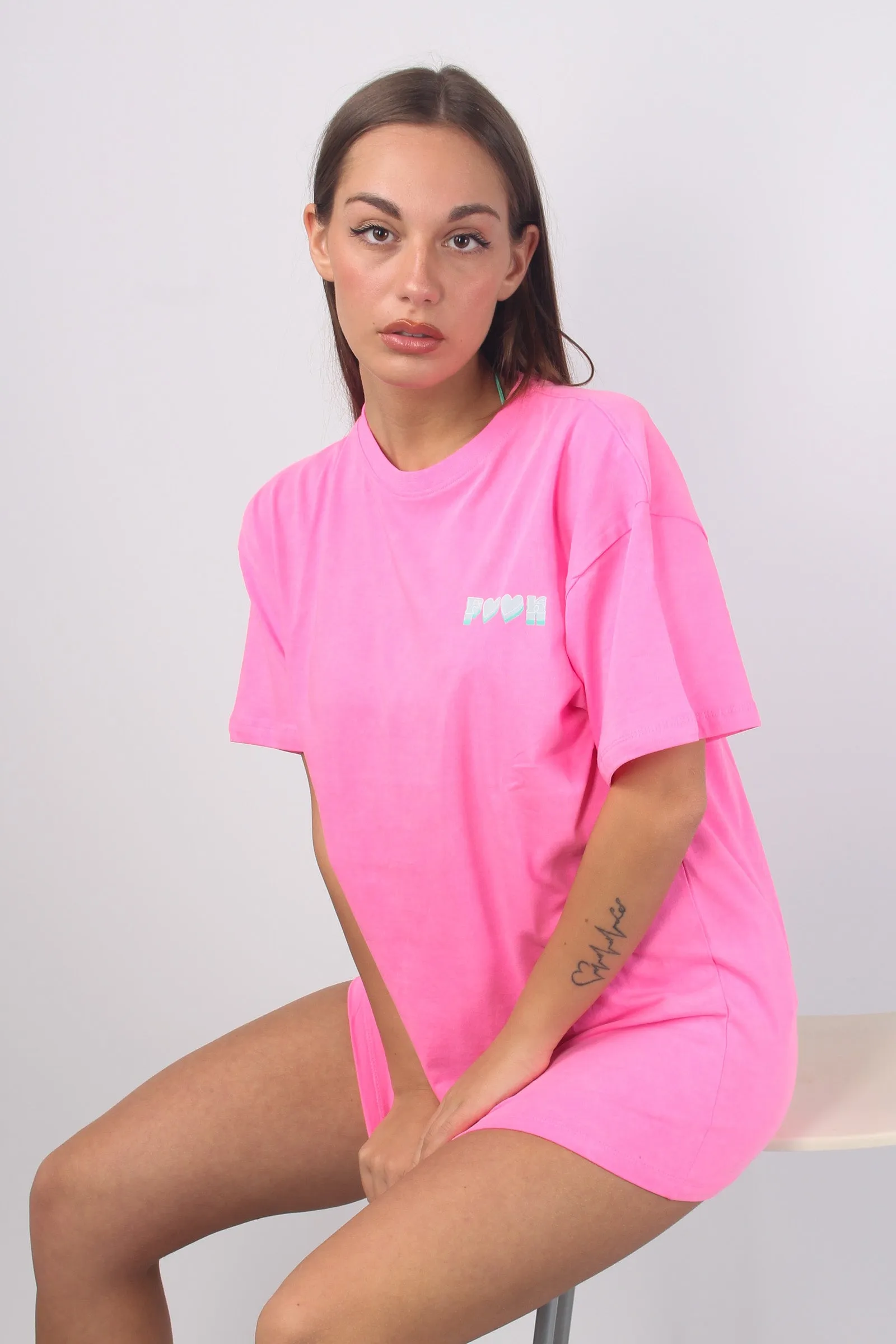 T-shirt Stampa Retro Line Lov Fluo Fucsia