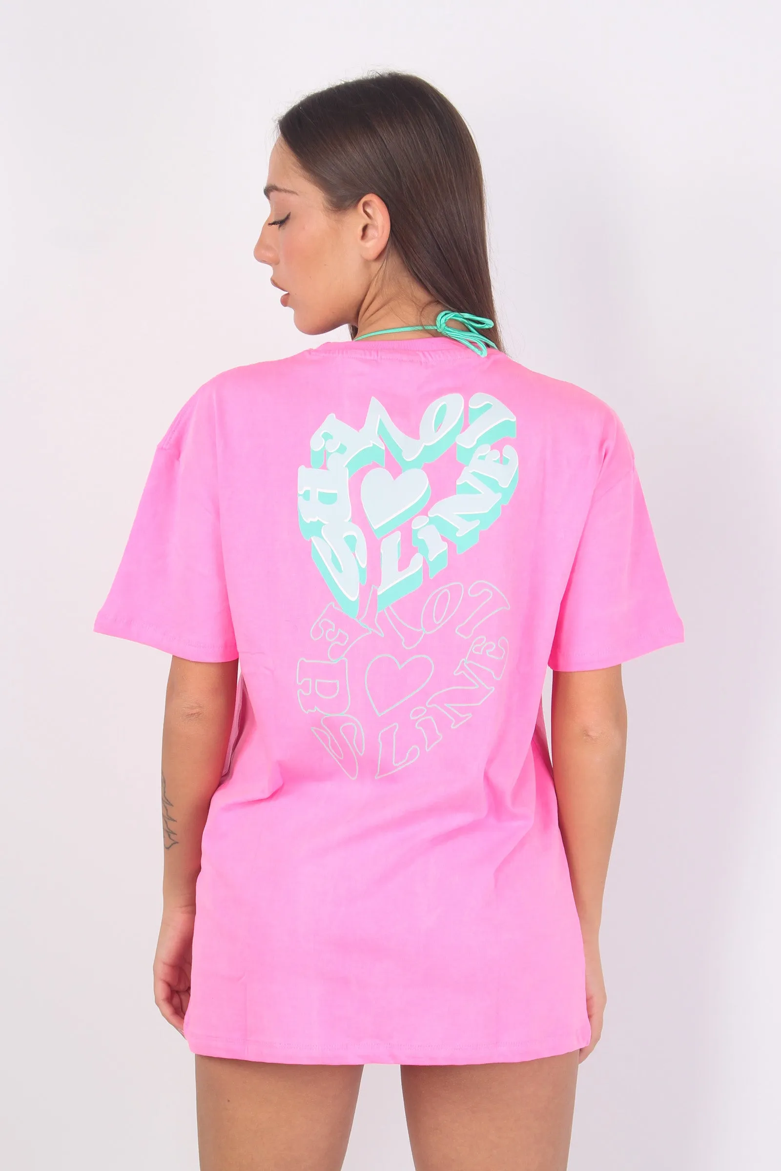 T-shirt Stampa Retro Line Lov Fluo Fucsia