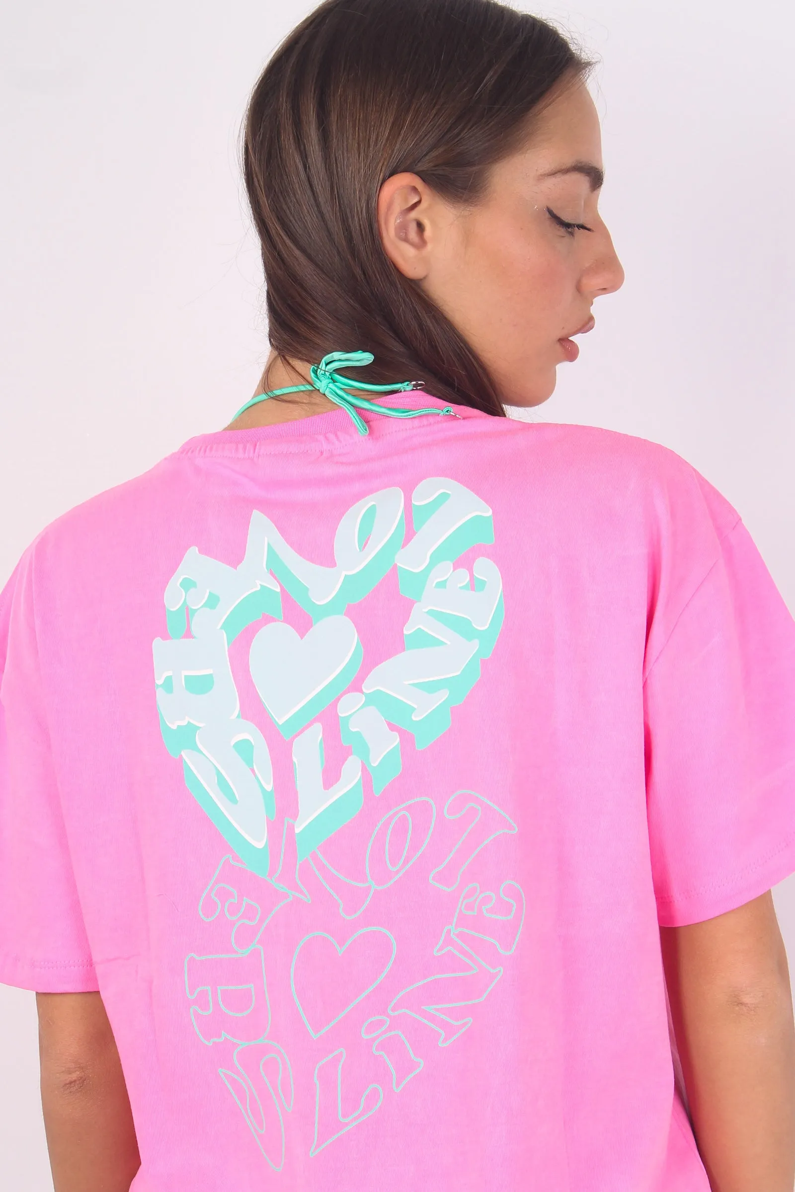 T-shirt Stampa Retro Line Lov Fluo Fucsia