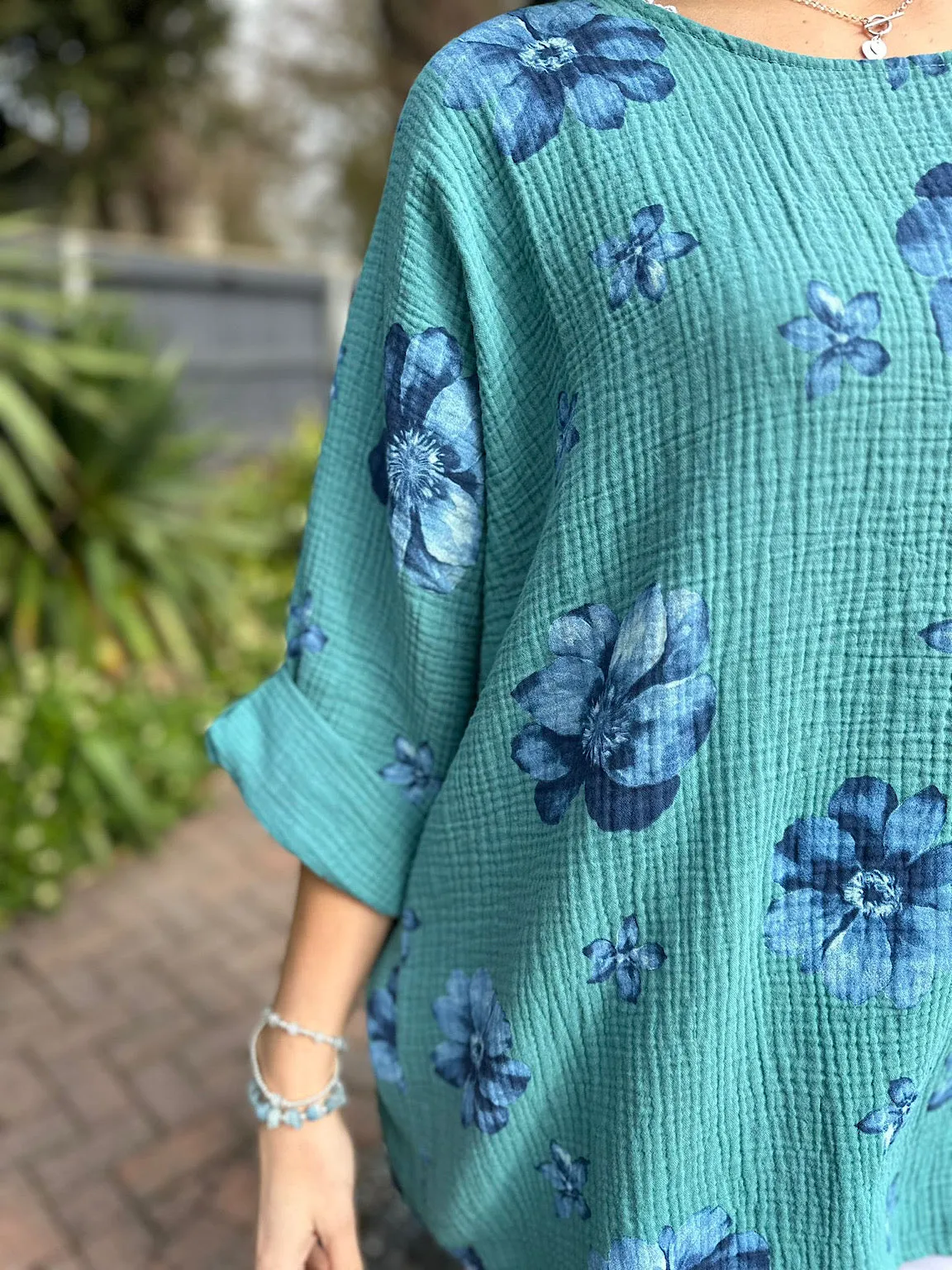 Teal Bubble Cotton Flower Top Pippa