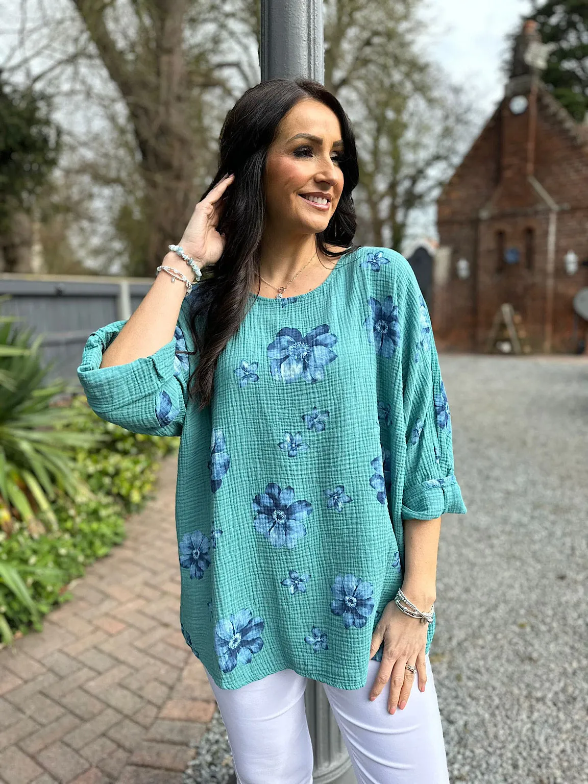 Teal Bubble Cotton Flower Top Pippa