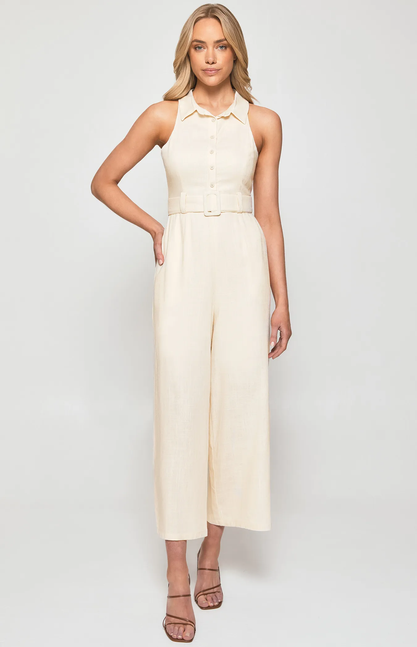 Textured Collared Jumpsuit with Front Button and Buckle Details (SJP509B)