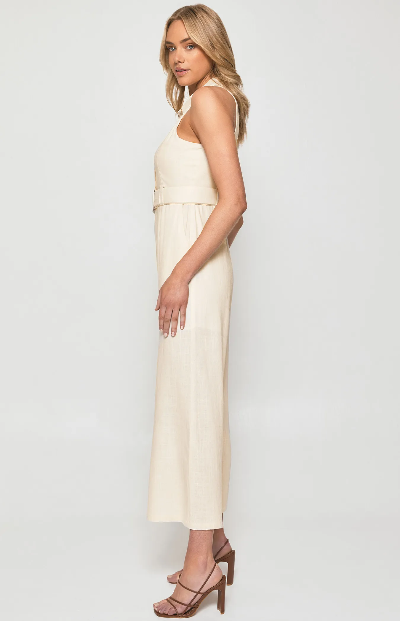 Textured Collared Jumpsuit with Front Button and Buckle Details (SJP509B)