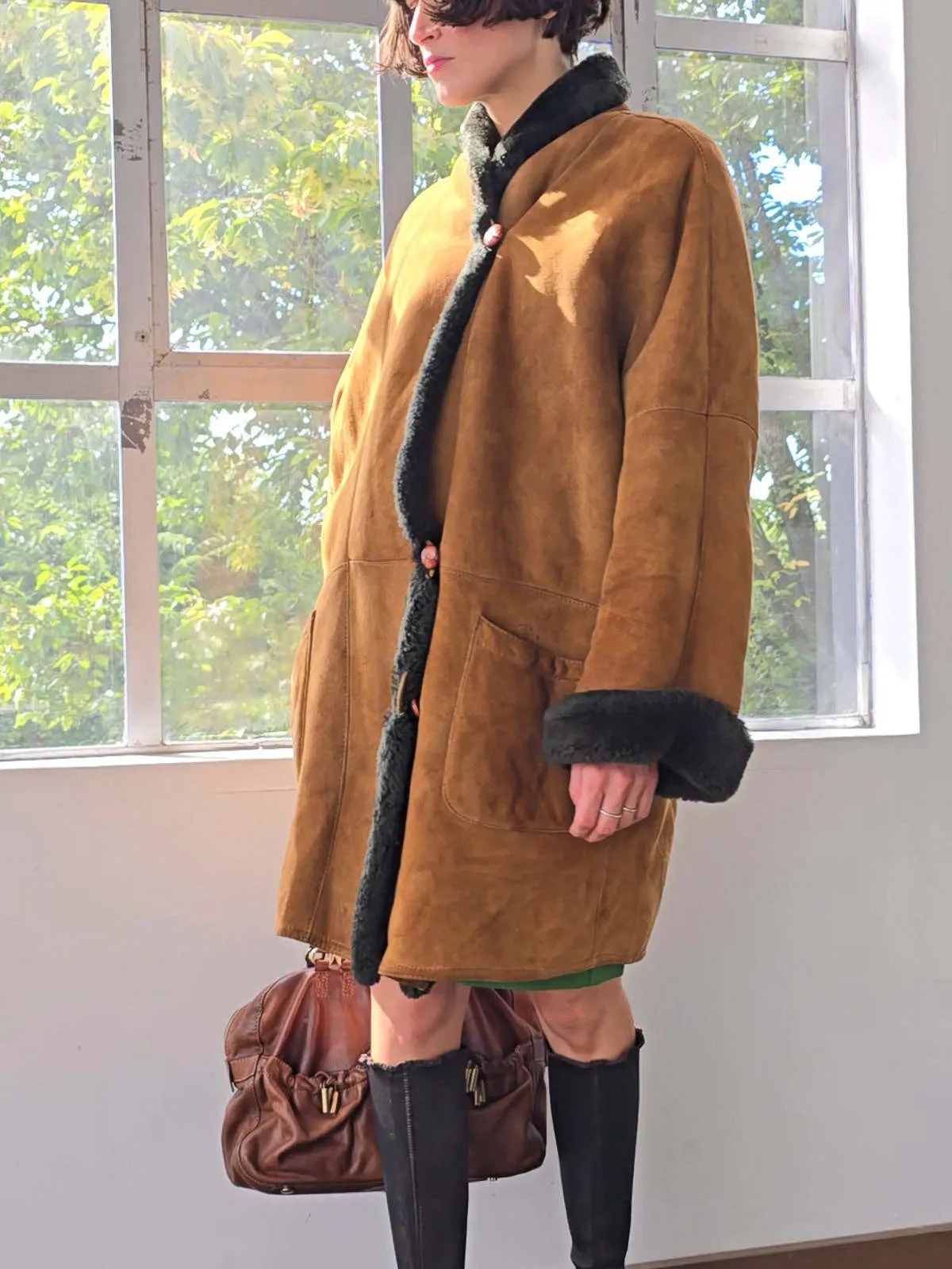 Trimmed Soft Shearling Coat - Olive