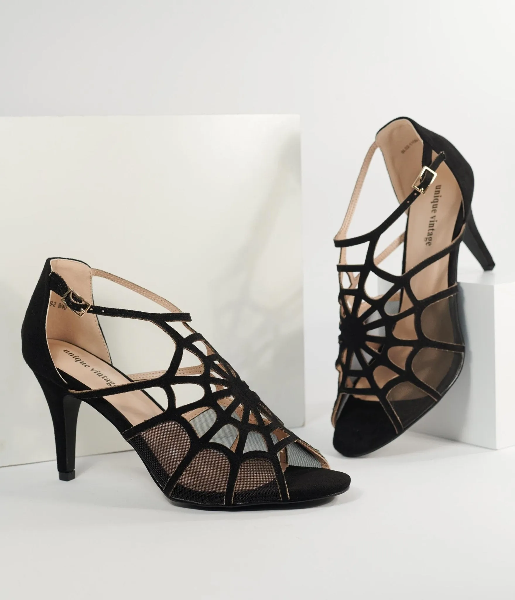 Unique Vintage 1940s  Black Spider Web Heels