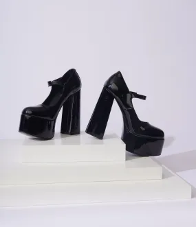 Unique Vintage Black Patent Leatherette Platform Mary Jane Heels