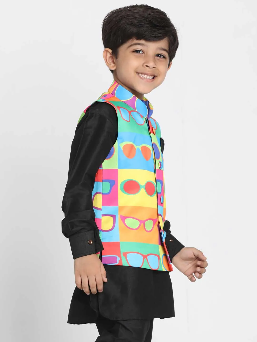 Vastramay Boys' Quirky Sunglass Print Nehru Jacket