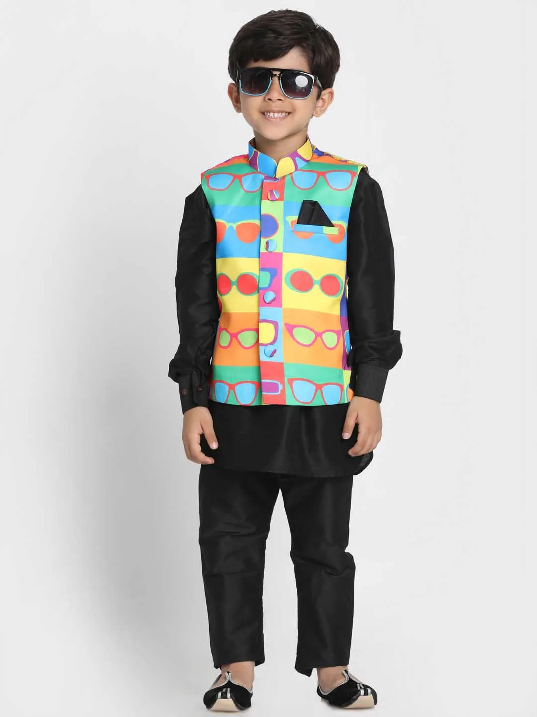 Vastramay Boys' Quirky Sunglass Print Nehru Jacket