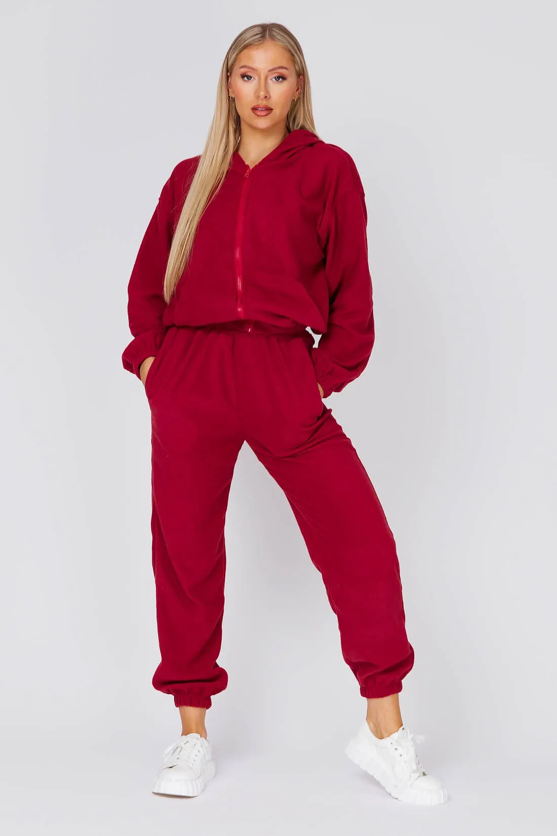 Wine Fleece Zip Up Hoodie Ane Joggers Set