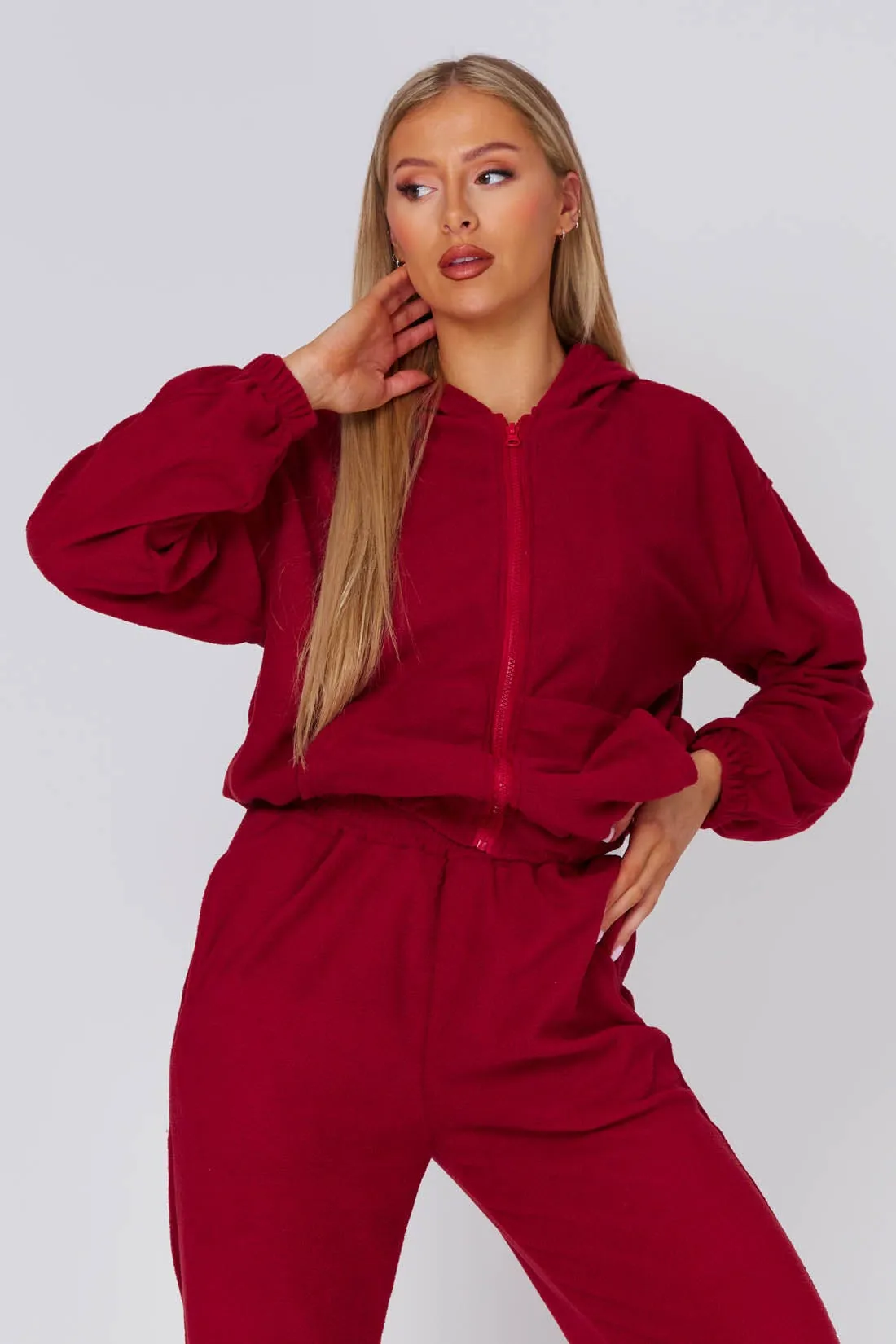 Wine Fleece Zip Up Hoodie Ane Joggers Set