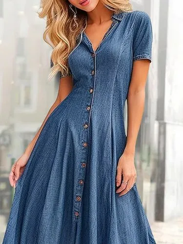 Women's Denim Dress Casual Turndown Short Sleeve Solid Color Midi Dress Street