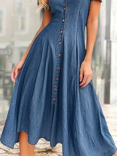 Women's Denim Dress Casual Turndown Short Sleeve Solid Color Midi Dress Street