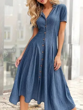 Women's Denim Dress Casual Turndown Short Sleeve Solid Color Midi Dress Street