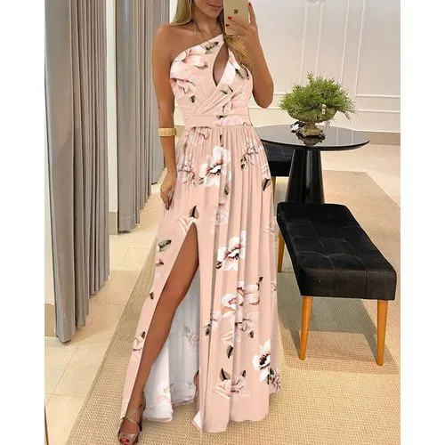 Women's Sheath Dress Party Dress Sexy Oblique Collar Sleeveless Printing Rose Solid Color Maxi Long Dress Banquet Prom Date